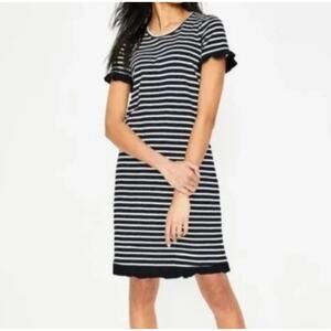 Boden Dress Women US4R Blue White Striped Emily Ruffle Jersey Stretch Crew Neck